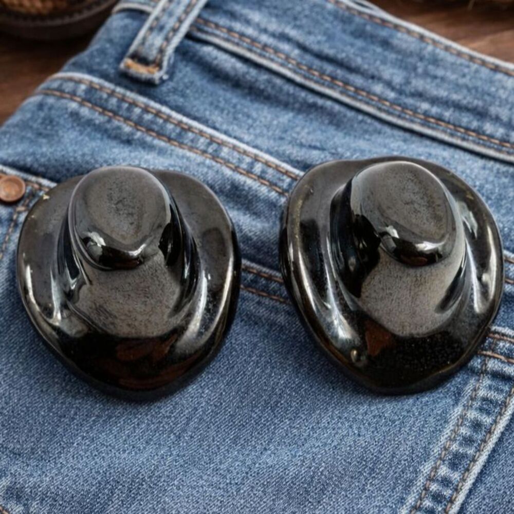Vintage 1980s Black Cowboy Hat Earrings Glossy Western Statement Studs 3D